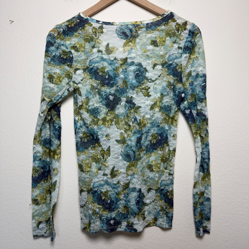 Mudd y2k Women Micro Mesh Top Large Green Floral Lace Long Sleeve Cyber Egirl - Picture 9 of 10